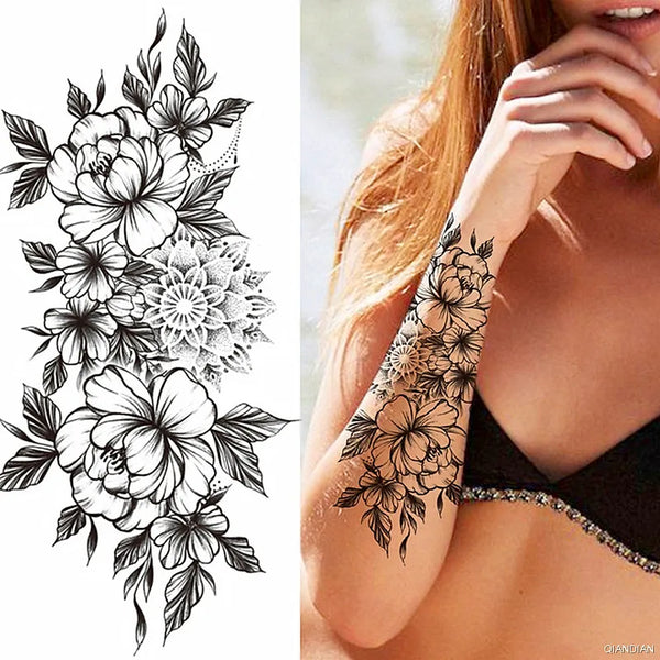 Black Flower Temporary Tattoos Sticker Arm Sleeve Rose Moon Butterfly Snake Henna Body Decorate Realistic Fake 3D Women Totem