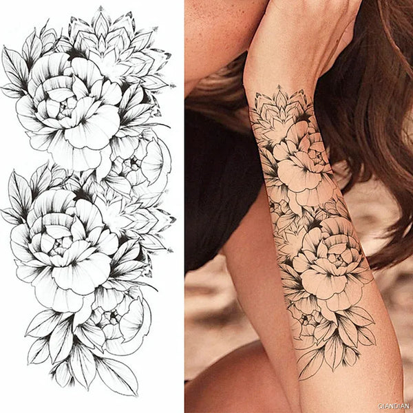 Black Flower Temporary Tattoos Sticker Arm Sleeve Rose Moon Butterfly Snake Henna Body Decorate Realistic Fake 3D Women Totem