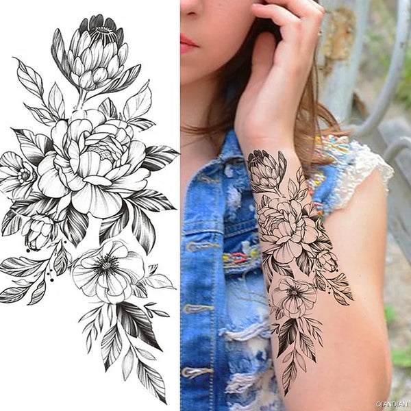 Black Flower Temporary Tattoos Sticker Arm Sleeve Rose Moon Butterfly Snake Henna Body Decorate Realistic Fake 3D Women Totem