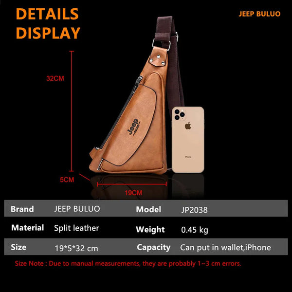 JEEP BULUO Breast Package Men Shoulder Crossbody Bag Leisure Waterproof and Hard-Wearing Split Leather Travel Male Bags