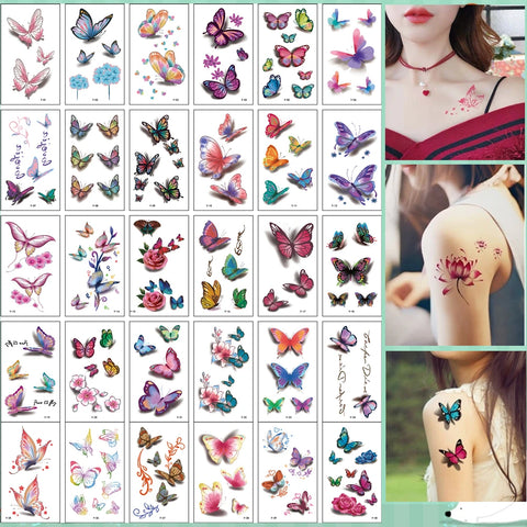 30Pcs/Set No Repeat Temporary Tattoo Stickers Waterproof Arm Clavicle Body Art Sticker Disposable butterfly tatouage temporaire