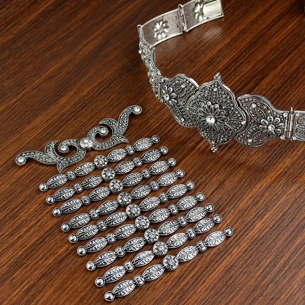 Sunspicems Retro Silver Color Caucasia Women Belt Breastplate Traditional Wedding Jewelry Sets Full Crystal Court Performance