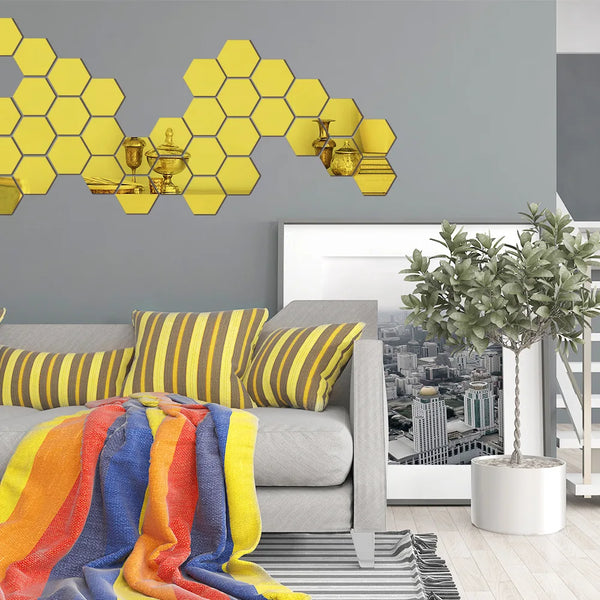 12PCs/Set DIY 3D Mirror Wall Sticker Hexagon Home Decor Mirror Decor Stickers Art Wall Bedroom Decoration Self-adhesive Stickers