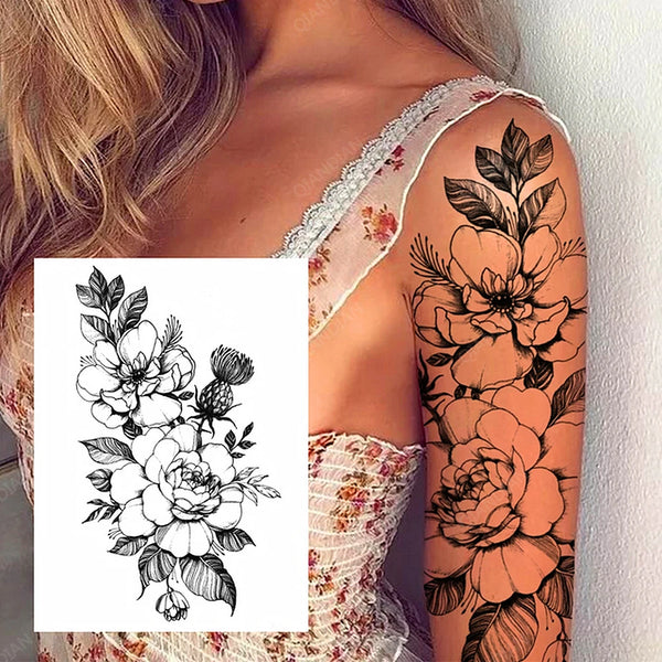 Black Flower Rose Waterproof Temporary Bird Snake Sexy Body Arm Leg Gem Henna Tattoo Fashion Big Fake Sleeve Sticker