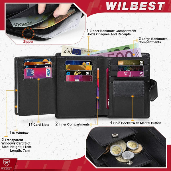 Men Genuine Leather Wallet Business Purse RFID Card Holder Transparent Windows Bank Note Coin Compartment Black