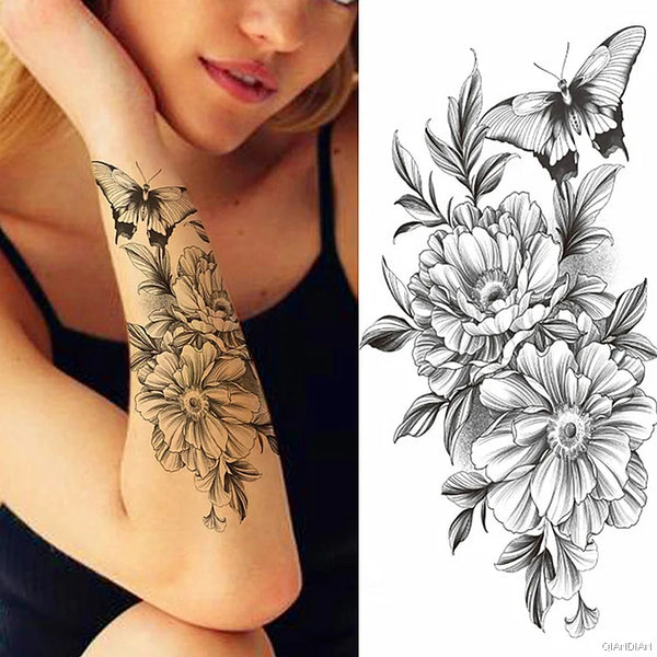 Black Flower Temporary Tattoos Sticker Arm Sleeve Rose Moon Butterfly Snake Henna Body Decorate Realistic Fake 3D Women Totem