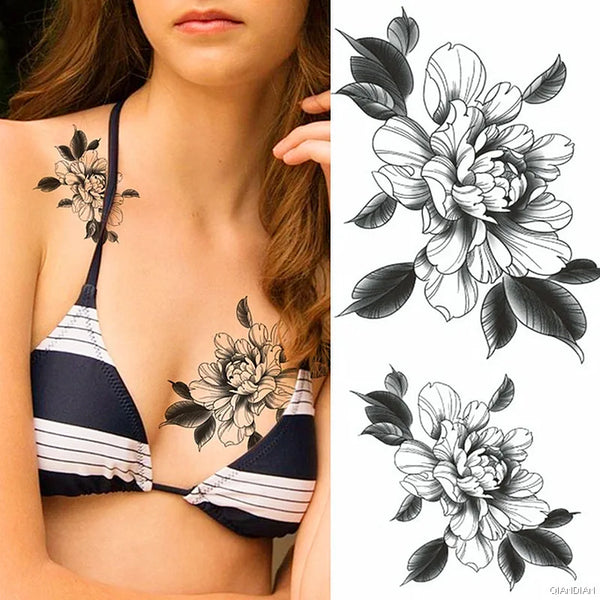 Black Flower Temporary Tattoos Sticker Arm Sleeve Rose Moon Butterfly Snake Henna Body Decorate Realistic Fake 3D Women Totem