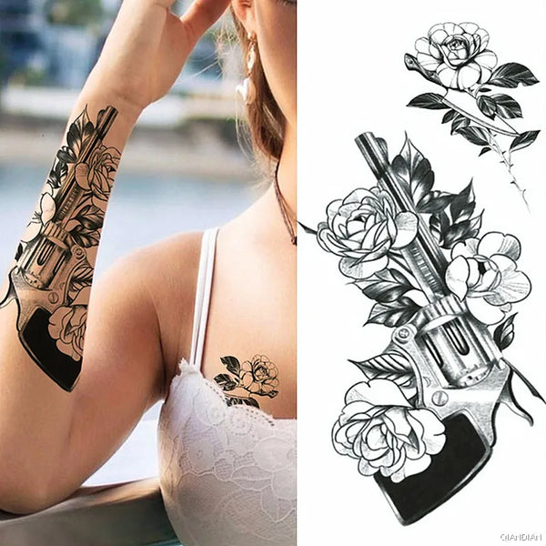 Black Flower Temporary Tattoos Sticker Arm Sleeve Rose Moon Butterfly Snake Henna Body Decorate Realistic Fake 3D Women Totem