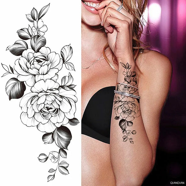 Black Flower Temporary Tattoos Sticker Arm Sleeve Rose Moon Butterfly Snake Henna Body Decorate Realistic Fake 3D Women Totem