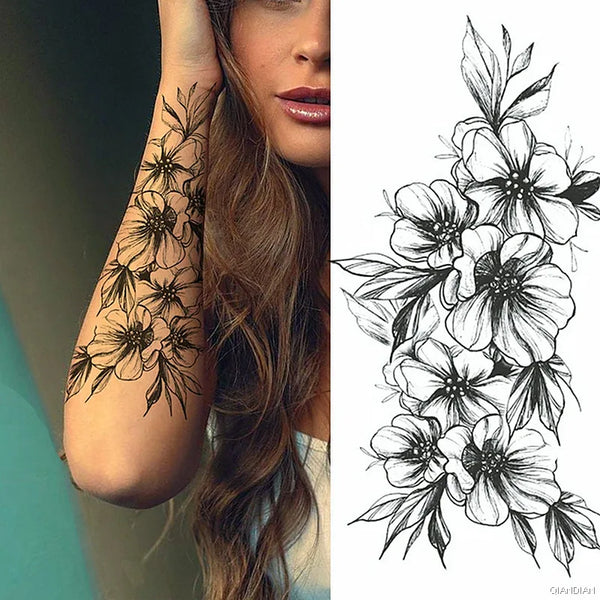 Black Flower Temporary Tattoos Sticker Arm Sleeve Rose Moon Butterfly Snake Henna Body Decorate Realistic Fake 3D Women Totem