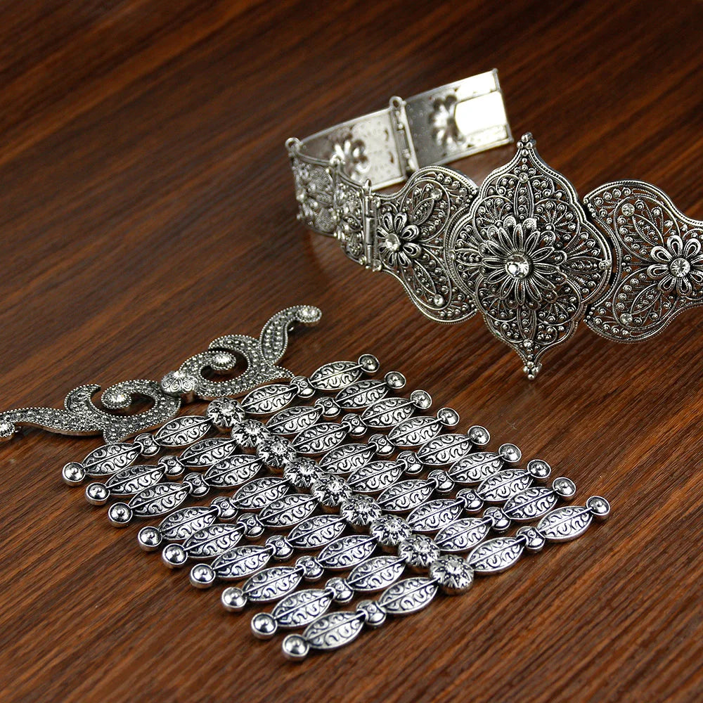 Sunspicems Retro Silver Color Caucasia Women Belt Breastplate Traditional Wedding Jewelry Sets Full Crystal Court Performance