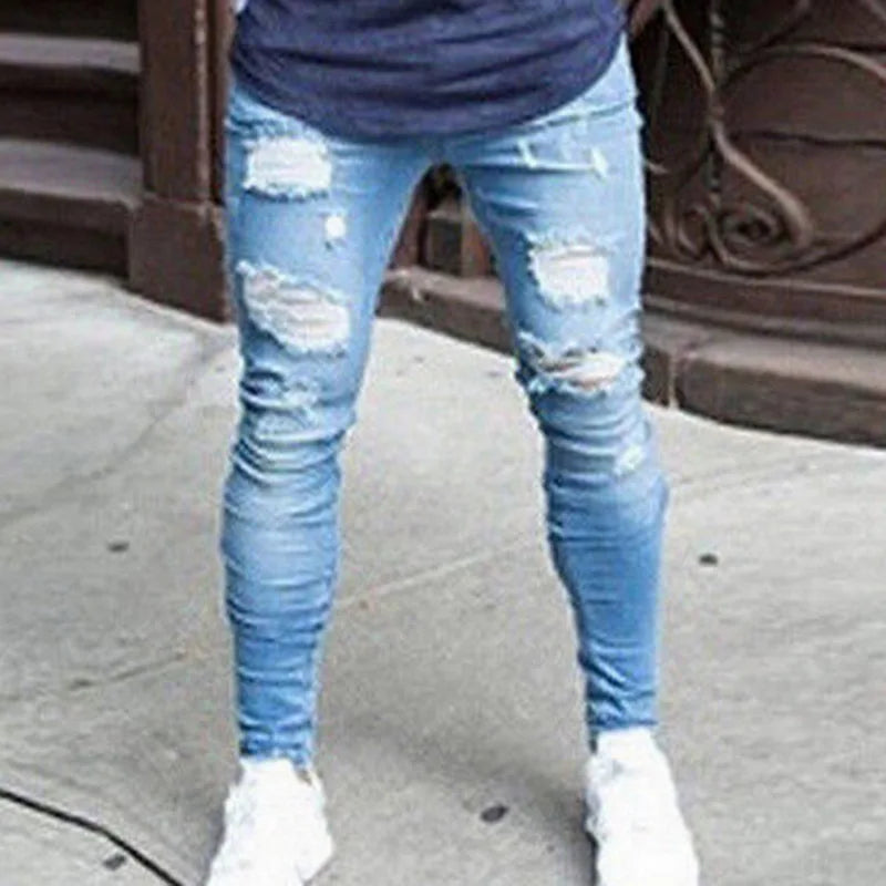 2024 Pencil Pants Elastic Sweatpants Men Fit Solid Ripped Denim Harem Pants Casual Black Blue White Destroyed Jeans Pants