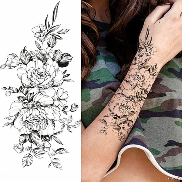 Black Flower Temporary Tattoos Sticker Arm Sleeve Rose Moon Butterfly Snake Henna Body Decorate Realistic Fake 3D Women Totem