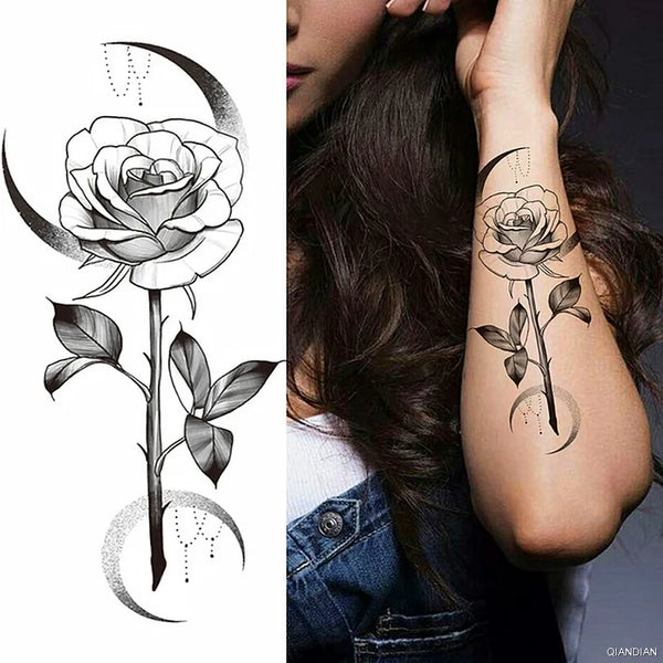 Black Flower Temporary Tattoos Sticker Arm Sleeve Rose Moon Butterfly Snake Henna Body Decorate Realistic Fake 3D Women Totem