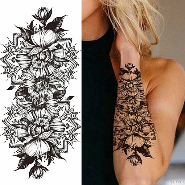 Black Flower Temporary Tattoos Sticker Arm Sleeve Rose Moon Butterfly Snake Henna Body Decorate Realistic Fake 3D Women Totem