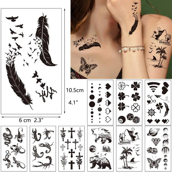 30 Sheets Waterproof Black Tiny Tattoo Feather Women Body Hand Art Drawing Temporary Tattoo Stickers Men Finger Words Tatto Face