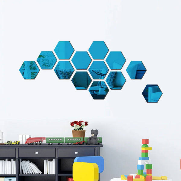 12PCs/Set DIY 3D Mirror Wall Sticker Hexagon Home Decor Mirror Decor Stickers Art Wall Bedroom Decoration Self-adhesive Stickers