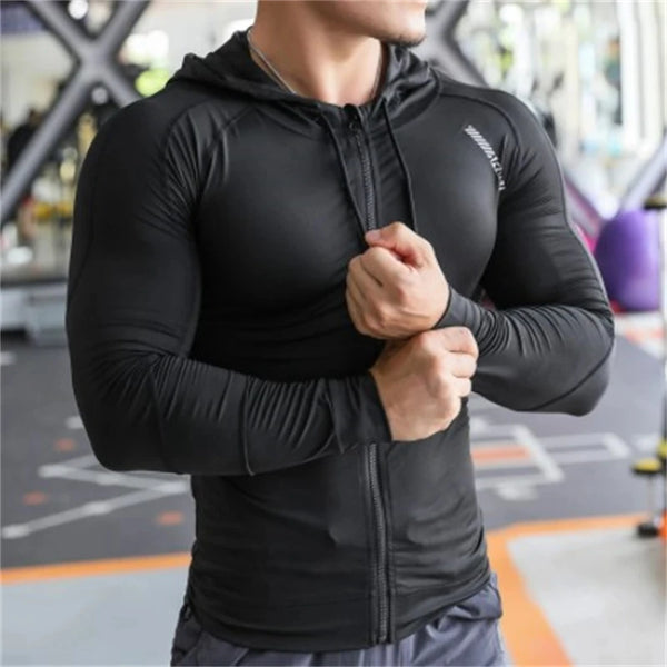 Elastic Tight Hoodies Men‘s Running Fitness Jogging Hooded Quick Drying Compression Sweatshirts Male Bodybuilding Gym Sportwear