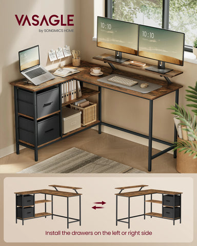 VASAGLE L-Shaped Desk with 2 Spacious Drawers, Gaming Desk with Monitor Stand, Corner Desk, Computer Desk