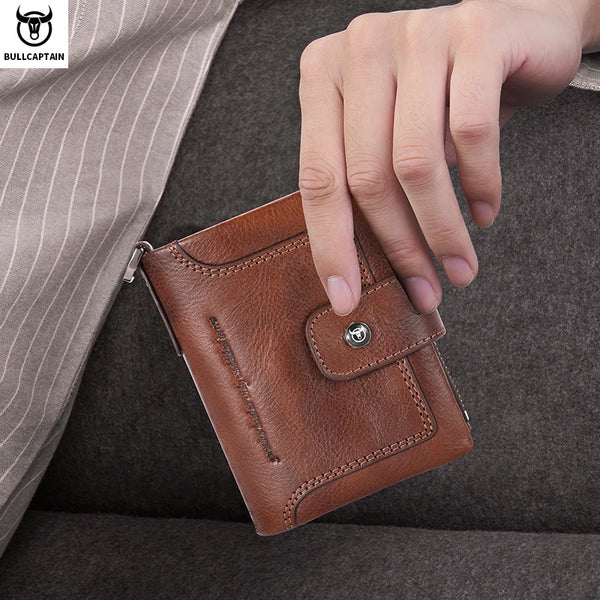 BULLCAPTAIN Men's Genuine Leather Wallet Business Retro Snap Wallet Multifunctional RFID Anti-Theft Zipper Multi-Card Coin Purse