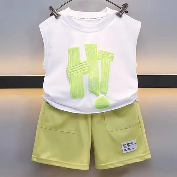 2-10Y Kid Boy Clothes Sport Suit Summer Vest+Short Pant 2Pcs Set Hi Letter Green Children Tracksuit Toddler Outfit Baby A1115