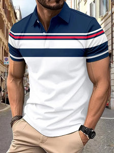 2025 The latest explosive men's lapel quick-drying short-sleeved fashion digital print striped Polo loose shirt