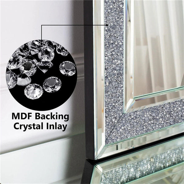 Large Decor Mirror for Home living Room Crushed Diamond Crystal Glass Silver Frame Bevelled Wall Mirror 90 x 60 cm