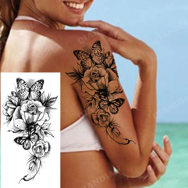 Black Flower Temporary Tattoos Sticker Arm Sleeve Rose Moon Butterfly Snake Henna Body Decorate Realistic Fake 3D Women Totem