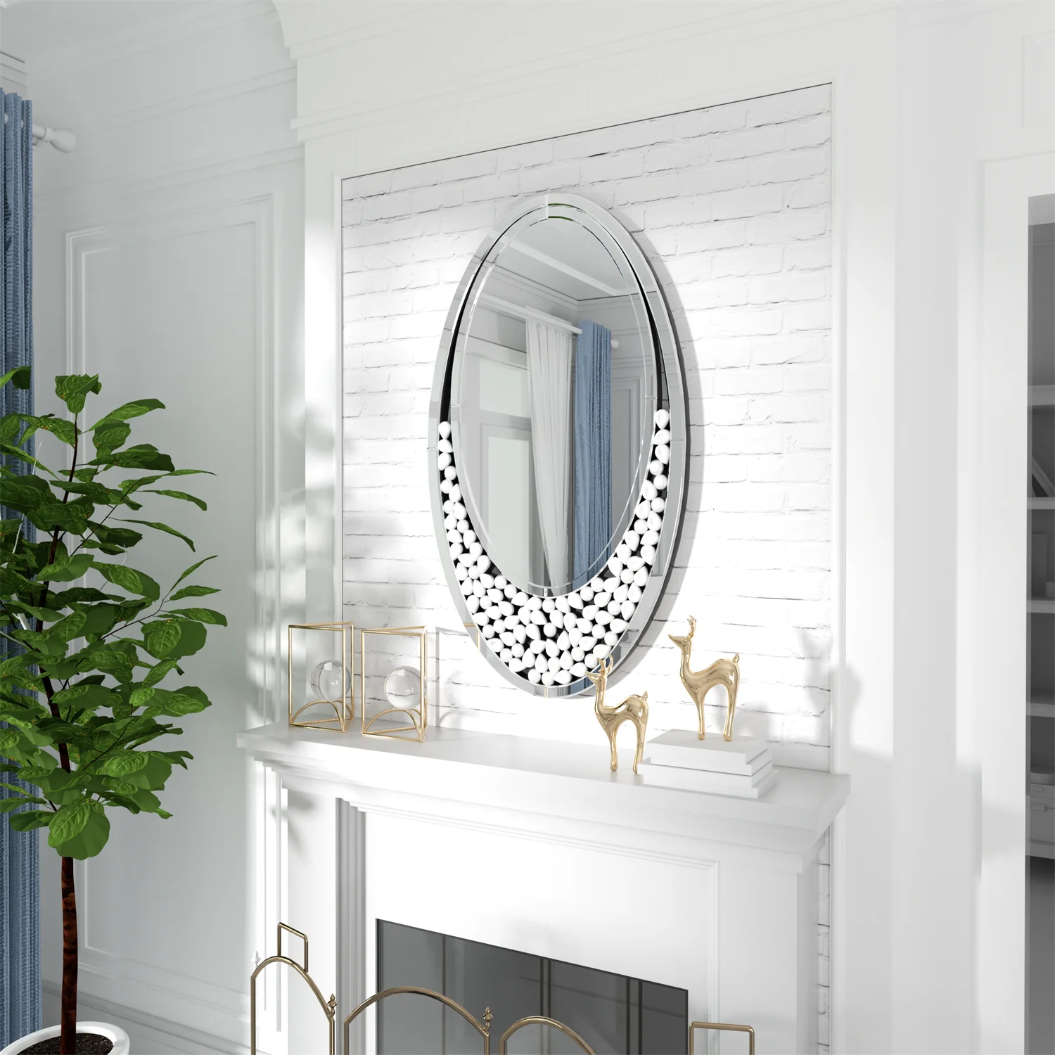 60x105CM Modern Oval Wall Mirror with Bling Effect Silver Venetian Accent Mirror for Hallway Bathroom Decor