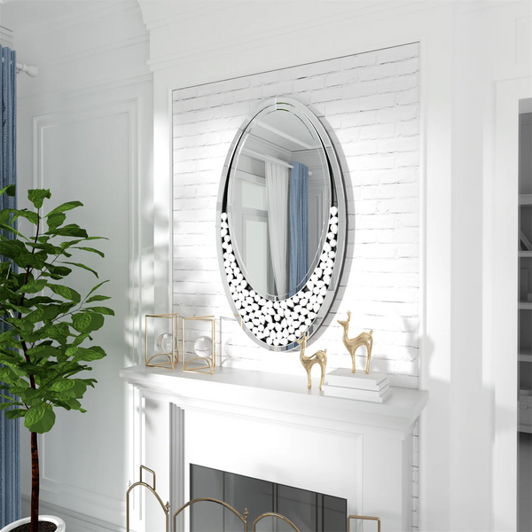 60x105CM Modern Oval Wall Mirror with Bling Effect Silver Venetian Accent Mirror for Hallway Bathroom Decor