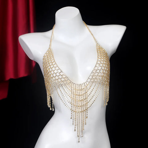 Luxury Grid Water Droplets Tassels Bikini Style Rhinestone Chest Chain Nightclub Women's Body Chain