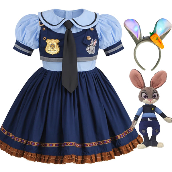 Movie Zootropolis Judy Cosplay Costume Kid Dress Tie Headdress Belt Socks Set Girl Police Role Play Uniform Christmas Party Gift