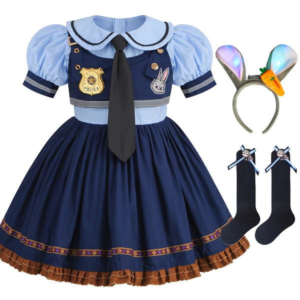 Movie Zootropolis Judy Cosplay Costume Kid Dress Tie Headdress Belt Socks Set Girl Police Role Play Uniform Christmas Party Gift