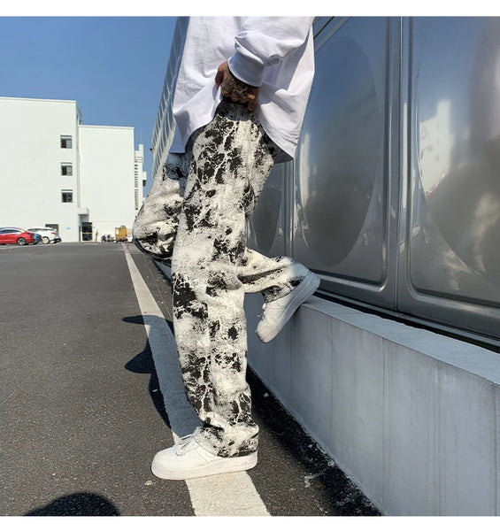 Mens Fashion Printed jeans Spring 2023 Mopping Trousers Jeans Korean Style High Street Loose Hip Hop Wide-leg Jean Pants