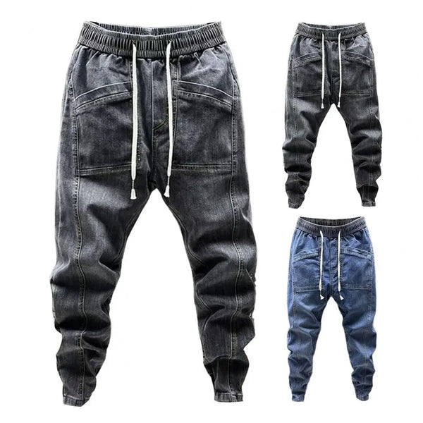 Spring Autumn Men Jeans Elastic Drawstring Waist Pockets Denim Trousers Solid Color Casual Cargo Harem Pants Men's Clothing