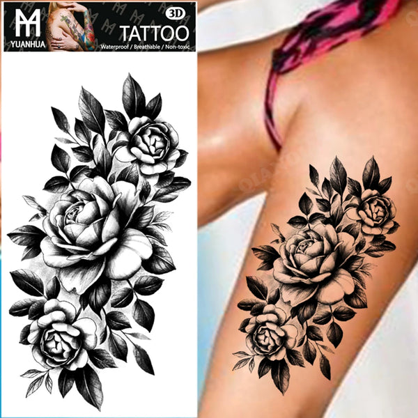 Black Flower Temporary Tattoos Sticker Arm Sleeve Rose Moon Butterfly Snake Henna Body Decorate Realistic Fake 3D Women Totem