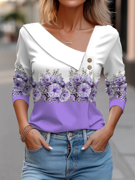 T Shirt For Women Fashion Long Sleeve Top White Floral Print Shirts And Blouses Autumn Winter Clothes For Women