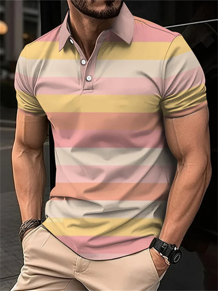 2024 New men's short sleeved 3D digital printing summer lapel contrasting striped polo shirt for men's business and leisure top