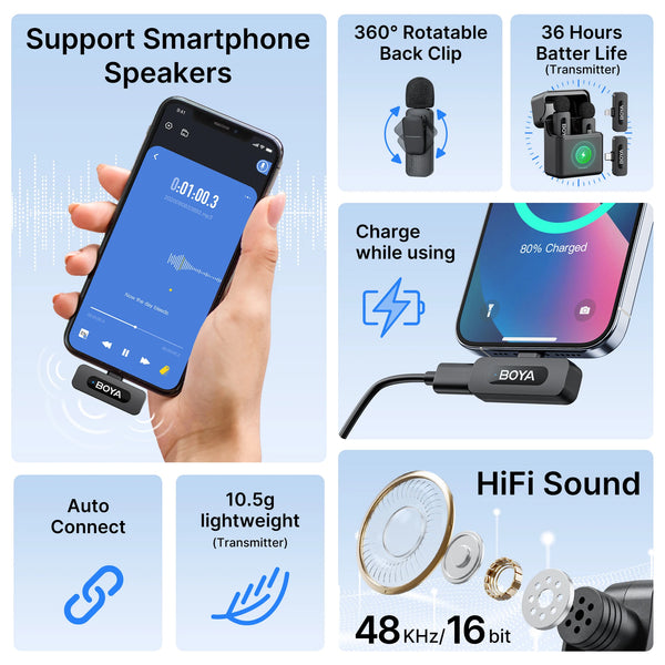 BOYA BY-V3 Wireless Lavalier Microphone for iPhone iPad Android USB-C Smartphones Lapel Mic for Gaming Video Recording Streaming