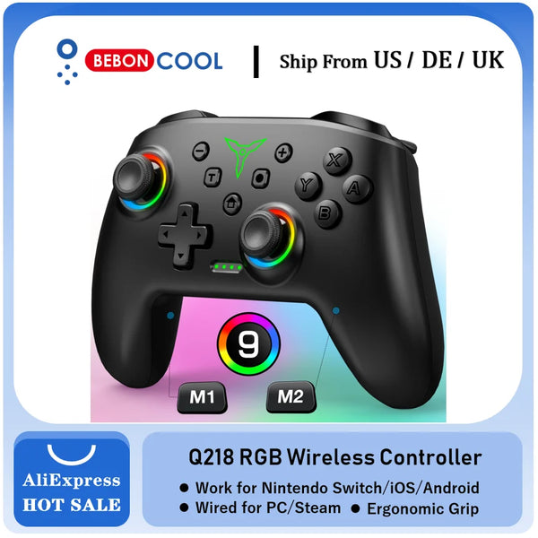 BEBONCOOL Q218 Wireless RGB Switch Controller For Nintendo Switch/OLED/Lite/Android/IOS/ PC with Programmable,Turbo,6-Axix Gyro