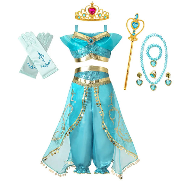 Jasmine Princess Dress for Girls Birthday Party Carnival Cosplay Aladdin Magic Lamp Costume Kids Vestidos Set Outfits Clothing