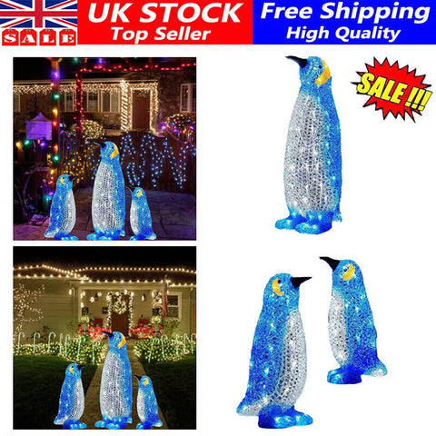 3Pcs Christmas Penguin Acrylic Light Up Decor Indoor & Outdoor Garden Ornaments UK