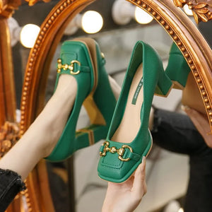 Women's Mid-heel 5.5CM 2024 Summer French Style Back Empty Female Thick Heel Square Toe Mary Jane Shoes Black Green Talon Femme