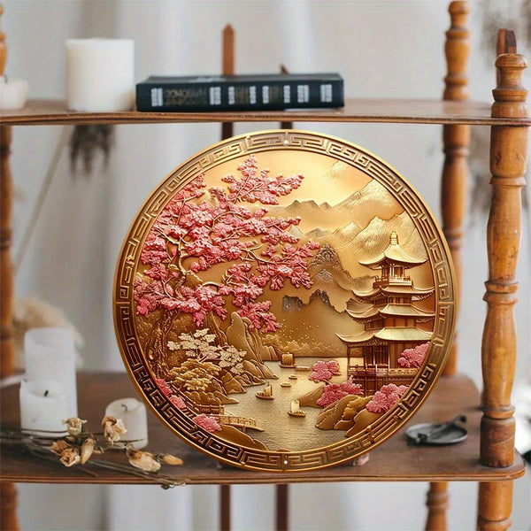 A Golden Medallion That Contains A Traditional Design Of Chinese Cherry Blossom Artwork, Door Hanger Sign Wall ,Metal Decor Sign