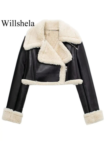 Willshela Women Fashion Solid Front Zipper Jackets Vintage Lapel Neck Long Sleeves Female Chic Lady Outfits