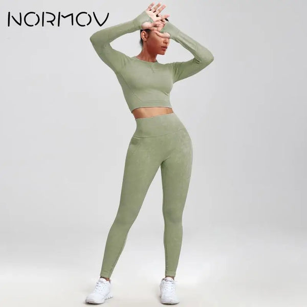 NORMOV 2Pcs Gym Women Sets Seamless Yoga Set High Waist Gym Sportwear Push Up Sport Workout Sets Fitness Long Sleeve Gym Suit