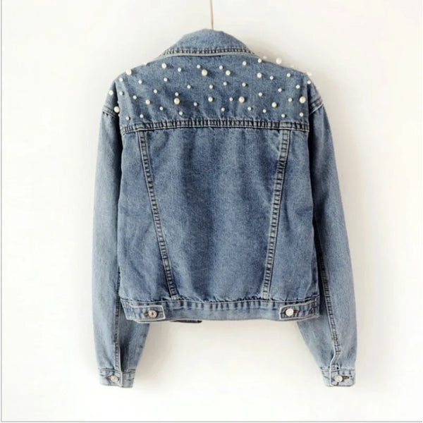 2024 Women's Short Denim Jacket Beaded Pearl Jacket Loose Spring and Autumn New Denim Jacket