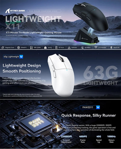 Attack Shark X11  Bluetooth Wireless Mouse Three Mode 2.4G PAW3311  RGB  PC Magnetic charging dock ,Gaming E-sports Mouse