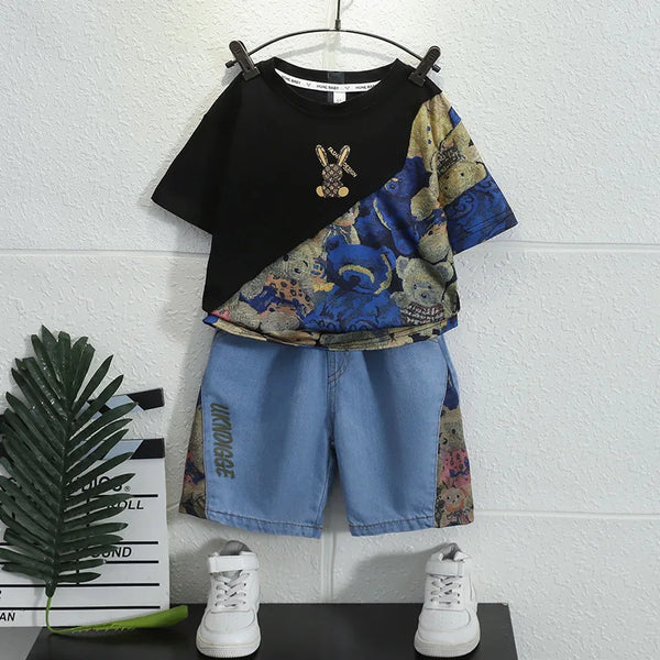 Summer Teenage Boy Clothes Children Cartoon Bear Tshirt and Jeans Shorts Set Kid Short Sleeve Top Buttom 2pcs Outfits Tracksuits