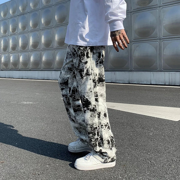 Mens Fashion Printed jeans Spring 2023 Mopping Trousers Jeans Korean Style High Street Loose Hip Hop Wide-leg Jean Pants